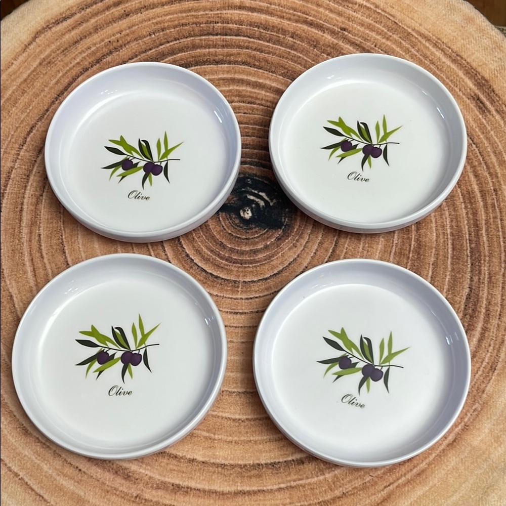 Vintage Xcell Melamine Drink Coaster Set Olive Design White Plates Set